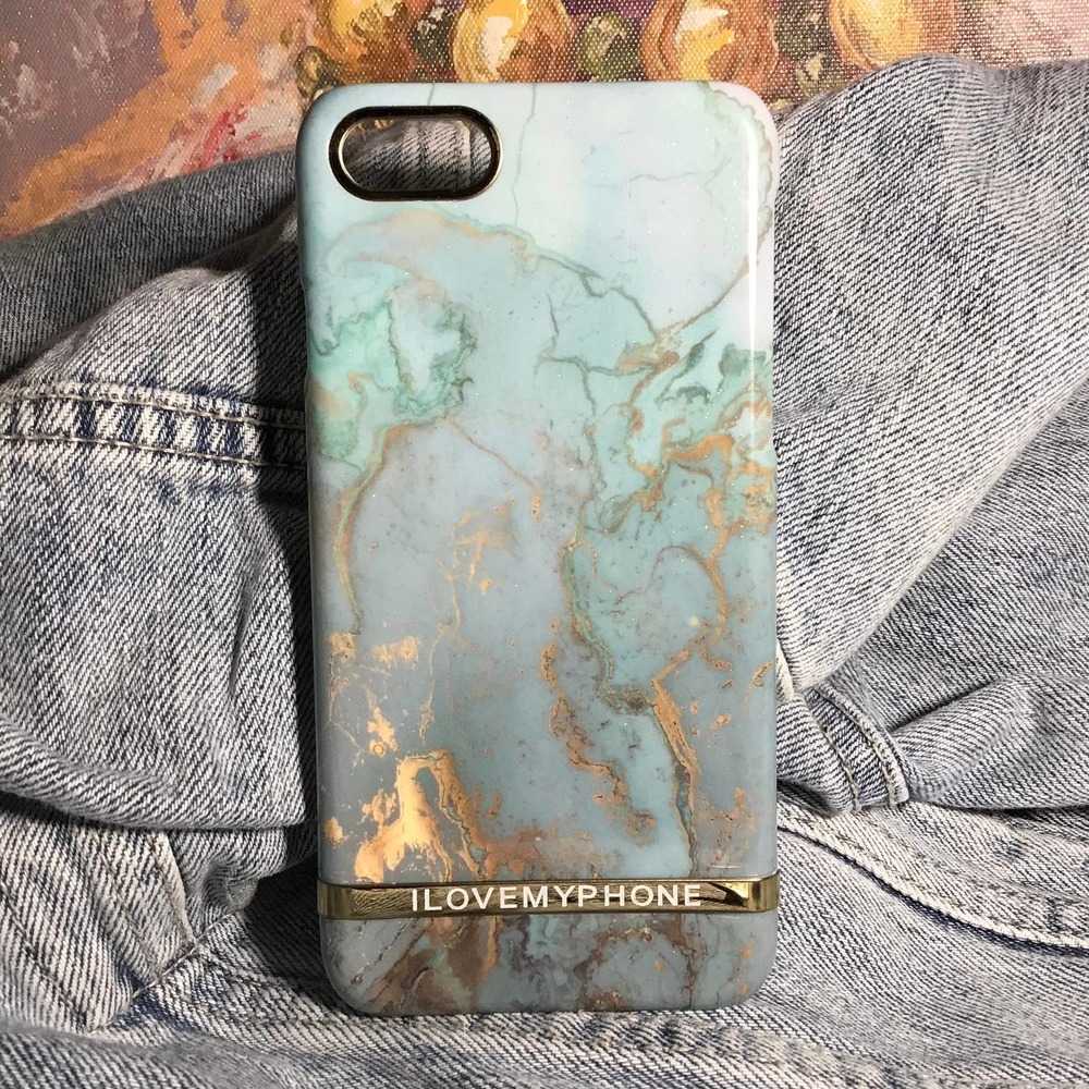 iPhone 7/8 Case Blue Gold Marble Print NEW Glossy Luxury Cover